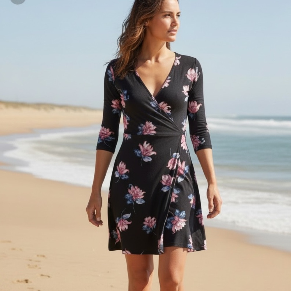 Fat Face 8 Dress Blue Pink Floral Faux Wrap 3/4 Sleeves  Fit & Flare Swing